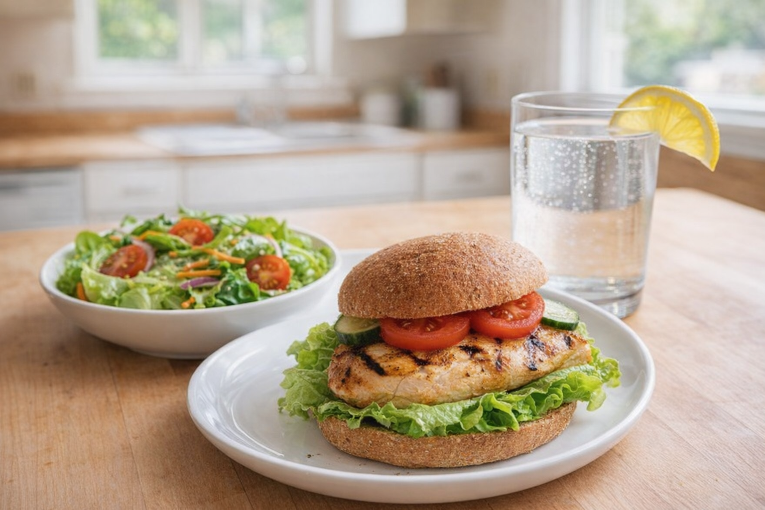 A plated healthy fast food meal featuring a grilled chicken sandwich on a whole wheat bun, a side salad with light vinaigrette, and a glass of water with a lemon slice, bright and airy kitchen setting